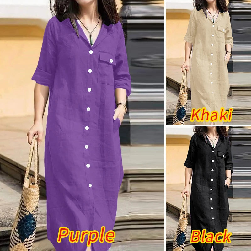 ZANZEA Office Casual Collared Shirtdress Women Autumn Fashion 3/4 Sleeve Button Up Midi Dresses Commuting Solid Color Robe Femme