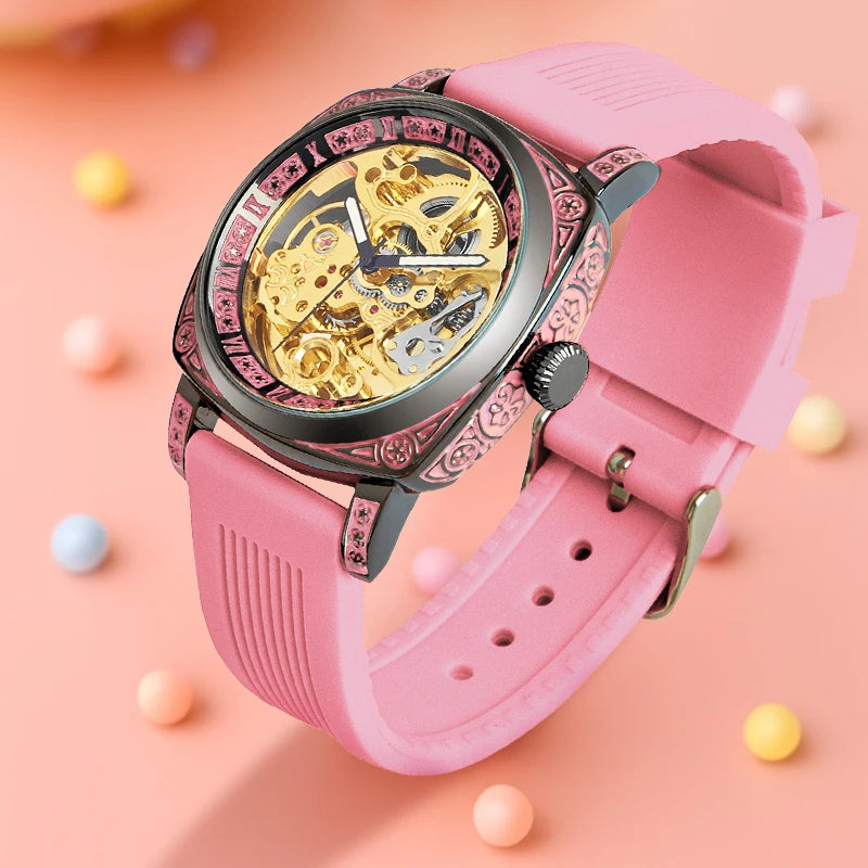 A women's pink tape fashionable Roman numeral tourbillon automatic mechanical watch