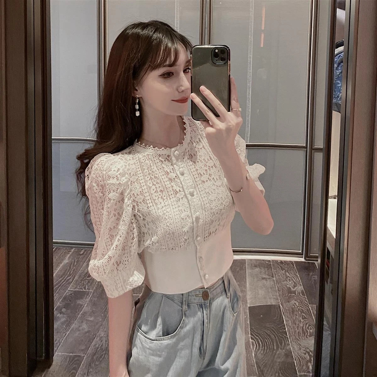 Woherb Sweet Crochet Top Blouse Women Sexy Hollow Out Shirt Vintage Puff Sleeve Korean Shirts Fashion Chic Tops Blusas