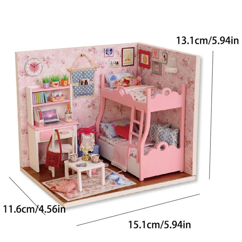 Kitten Mini Doll House Model Building Assembled House Home Kit Creative Room Bedroom Decoration with Furniture Birthday Gifts