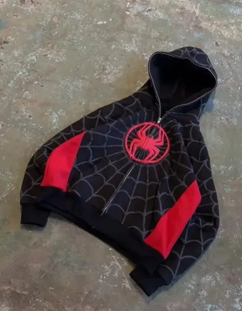 アメリカンスパイダー ヴィンテージ ジップアップフーディー Y2K ファッション メンズ レディース スパイダーグラフィック オーバーサイズフーディー スウェットシャツ カジュアルジャケット