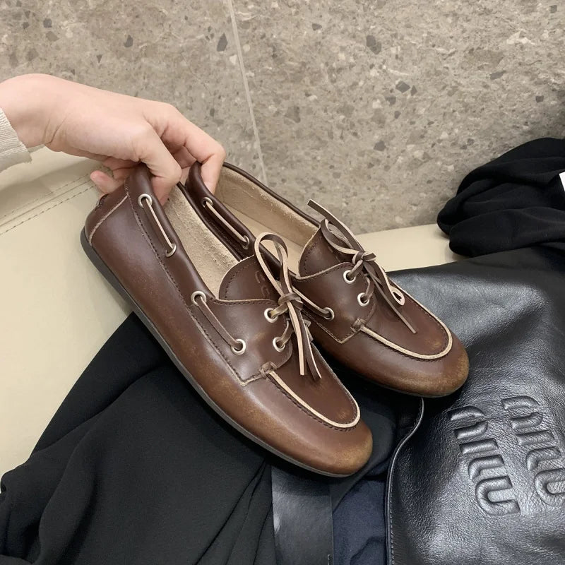 Women's Loafers Shoes Genuine Leather High Quality Round Toe Soft Bottom Flat Shoes Lace Up Breathable Ladies Casual Shoes 2025