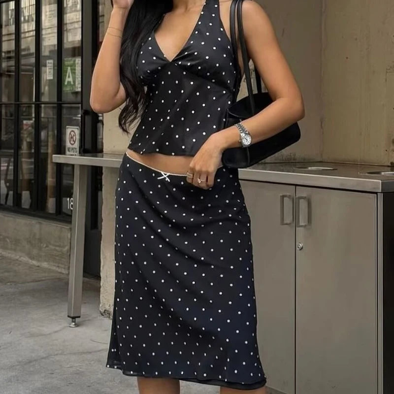 YENKYE 2025 Women Vintage Black White Polka Dot A-line Knee Length Skirt Sexy Low Waist Holiday Summer Skirts