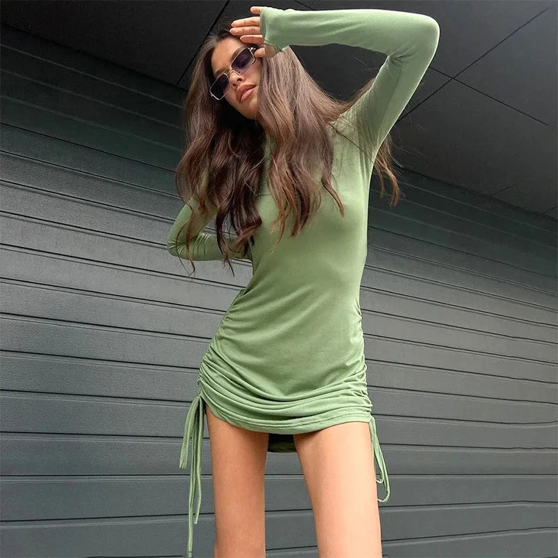 Y2k Summer Fashion Sexy Party Vestidos Ruched O Neck Long Sleeve Bodycon Dress Women Drawstring Bandage Mini Dresses