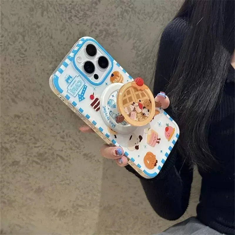 Luxury Cute Waffle Cake Magsafe Wireless Charge Case For iPhone 13 14 15 16 Pro Max Funny Cartoon Waffle Shake Magnetic Holderr