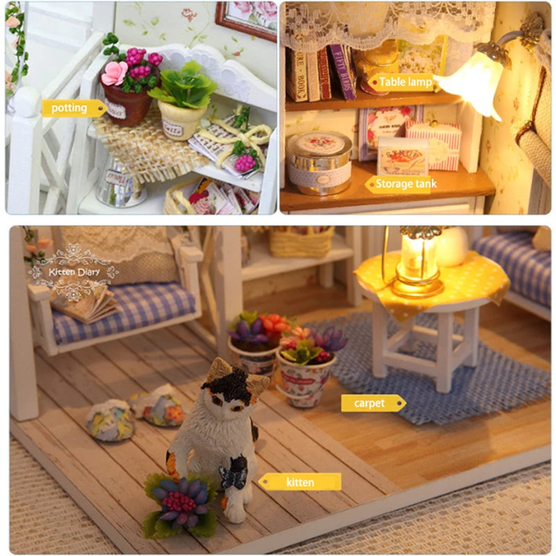 Kitten Mini Doll House Model Building Assembled House Home Kit Creative Room Bedroom Decoration with Furniture Birthday Gifts