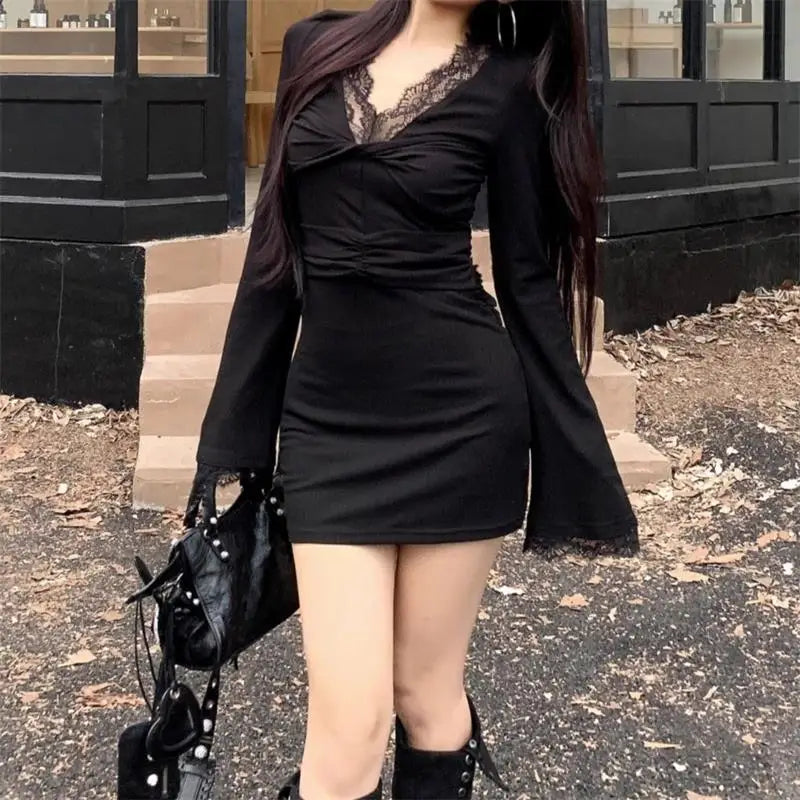 Long Sleeve Black Mini Dress Vintage Sexy Womens Lace Patchwork Y2K Aesthetic Dress High Waist Party Club Women Dress Autumn New