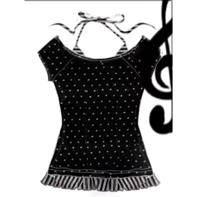 原宿系レディースかわいいフェイクツーTシャツ、日本のレトロサブカルチャー水玉Tシャツ、人気のY2K漫画プリントTシャツ、女性用トップス