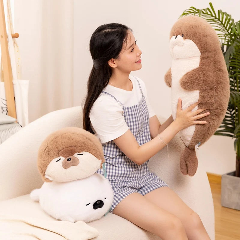 High Quality Genuine Kawaii Cartoon Sea Creature Otter Plush Doll Pillow Headset Blue Seal Otter Stuffed Animal Birthday Gift