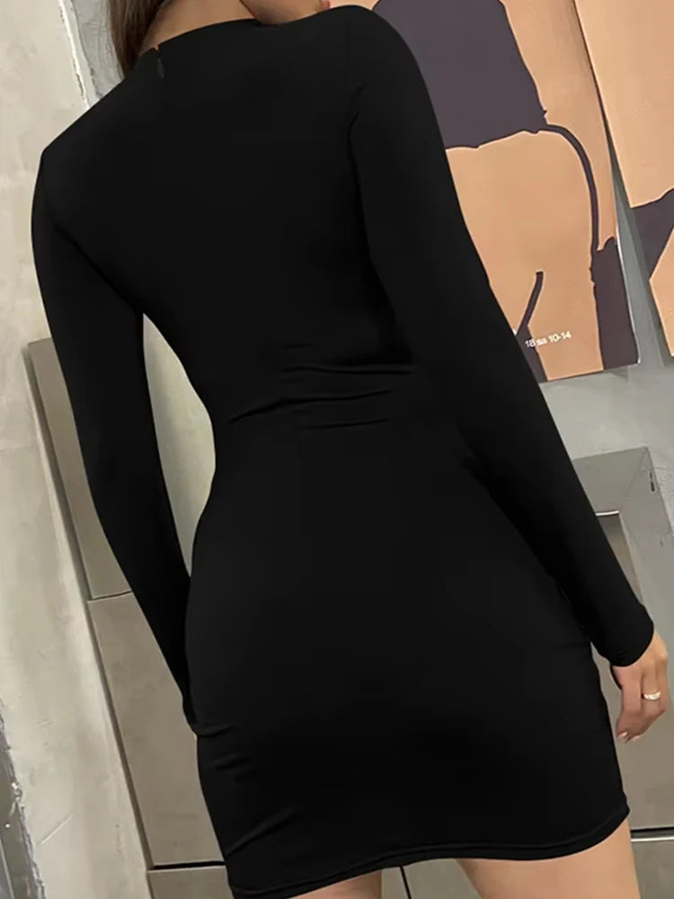2024 Autumn Sexy Ruched Irregular Long Sleeve Dress Women's Turtleneck High Waist Slim Fit Dresses