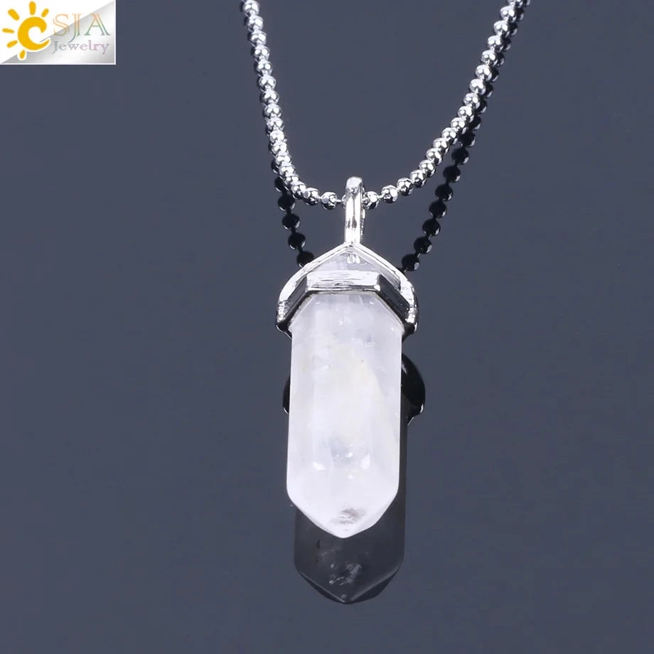 CSJA Hexagonal Bullet Crystal Necklaces Natural Gem Stone Quartz Necklace Pendant Chakra Amethysts Pink Quartz Lapis Lazuli G957