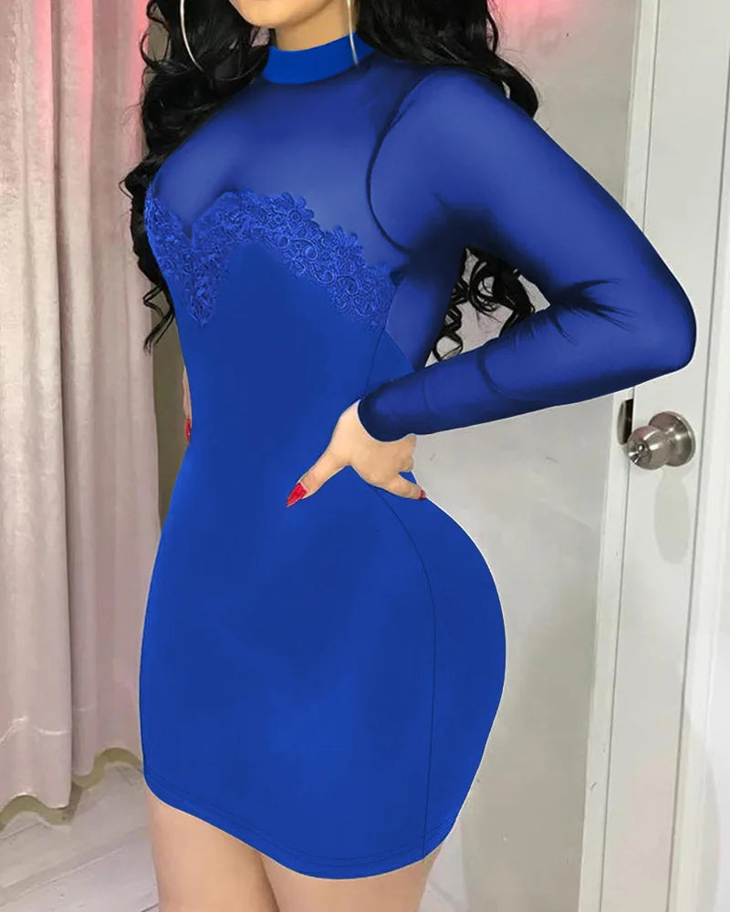Women Mesh Stitching Long Sleeve Dress Bodycon Mini Sexy Slim Sheath Dress O Neck Summer Lace