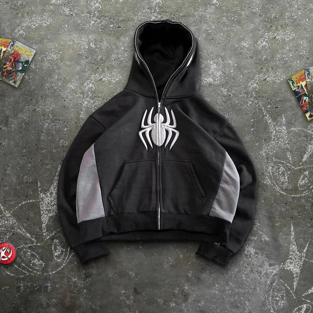 アメリカンスパイダー ヴィンテージ ジップアップフーディー Y2K ファッション メンズ レディース スパイダーグラフィック オーバーサイズフーディー スウェットシャツ カジュアルジャケット