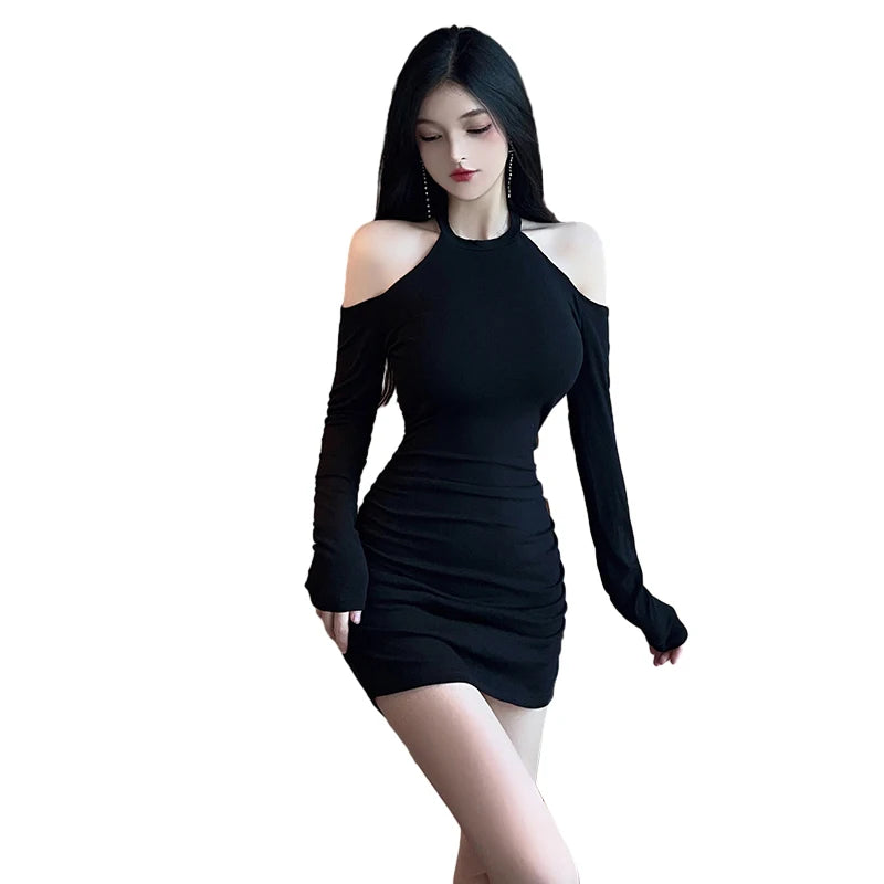 Women Hanging Neck Dress Spring Autumn Long Sleeve Off Shoulder Dress Female Sexy Slim Fit Bodycon Dress Club Black Dress