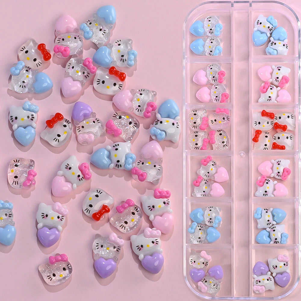 12Grids Summer Black Skin Hello Kitty Nail Charms 3D Pink Bows Hello Kitty Nail Art Rhinestone Cute Cartoon DIY Nail Accessories