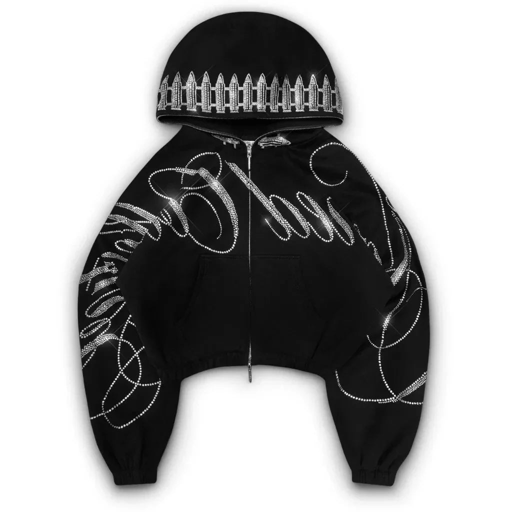 ヴィンテージ 2000年代 クロップド カジュアル ジャケット ヒップホップ レター シャイン ラインストーン オーバーサイズ ジッパー パーカー スウェットシャツ Y2K レディース パーカー