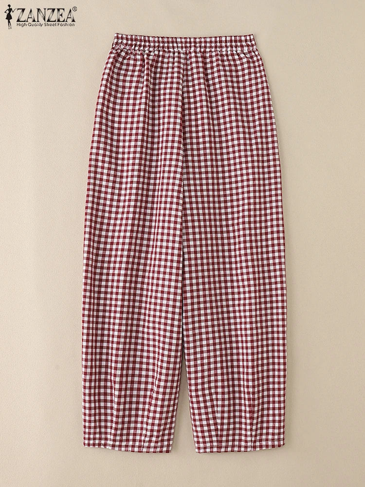 ZANZEA 2025 Plaid Pants Women Fashion Lantern Pants Casual Loose Long Trouser Summer Pockets Elastic Waist Bottoms Oversized