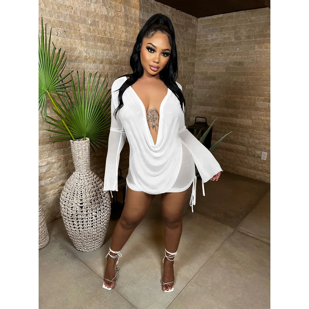 Y2K Sexy Deep V Neck Mini Mesh Dress Women Party Outfit Two Pieces Set 2024 See Through Long Sleeve Club Party Bodycon Dresses
