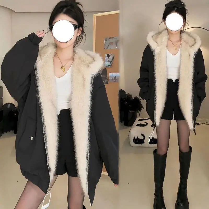 2025年冬新作 厚手 プラッシュ レトロ ルーズステッチ フード付き プラッシュ ウォームジャケット 両面着用 原宿系 カジュアルジャケット レディースコート