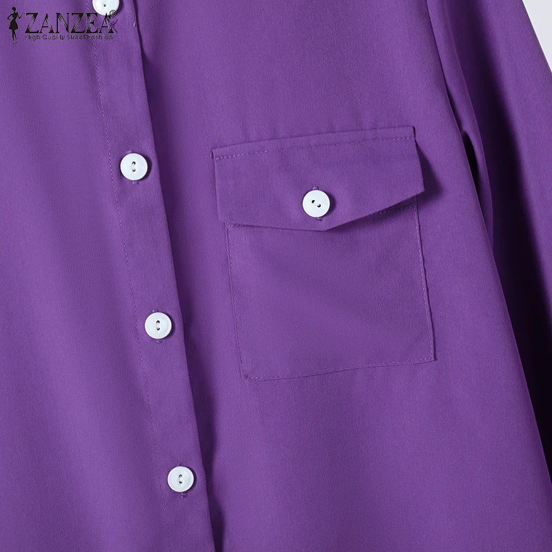ZANZEA Office Casual Collared Shirtdress Women Autumn Fashion 3/4 Sleeve Button Up Midi Dresses Commuting Solid Color Robe Femme
