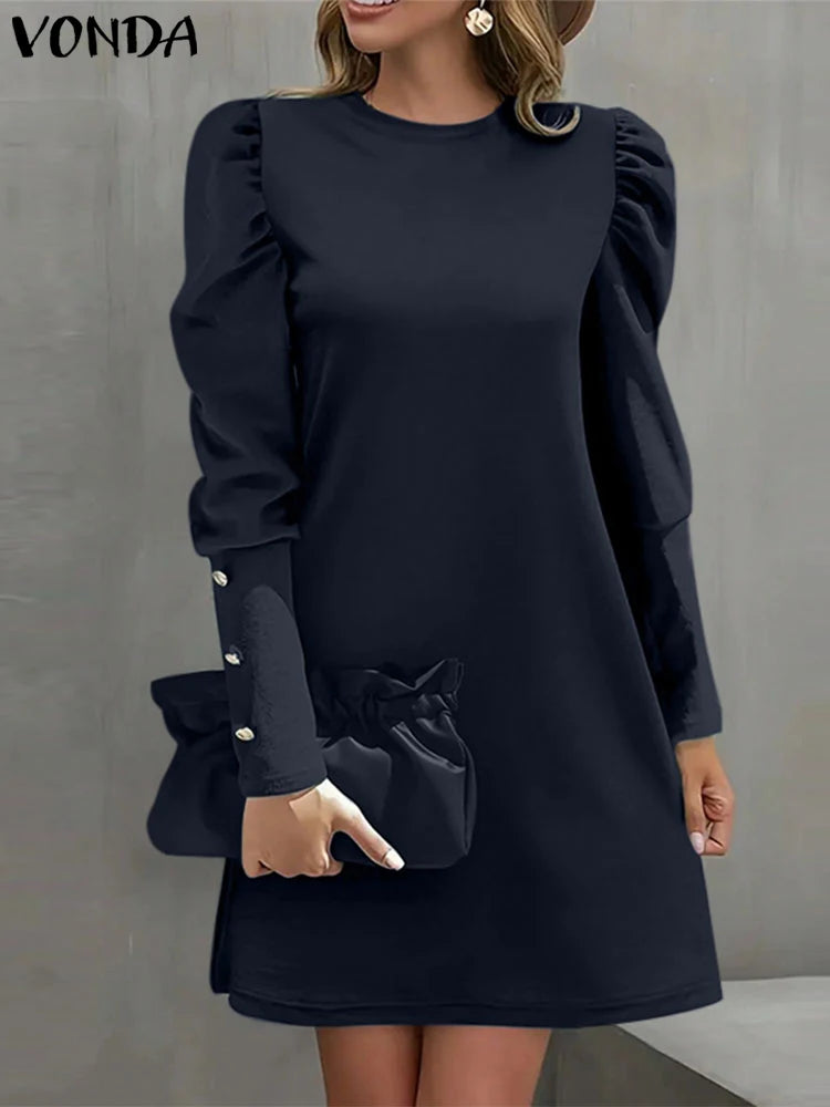 VONDA Elegant A-Line Mini Dress Casual Loose Solid Color Sundress 2025 Round Neck Long Lantern Sleeve Vestidos Robe Oversized