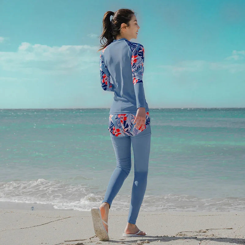 Women's 3pcs/set Printed Long Sleeve Rashguard UV Sun Protection Surf Shirt With Pants Shorts Full Body Bathing Suit Dive Skin