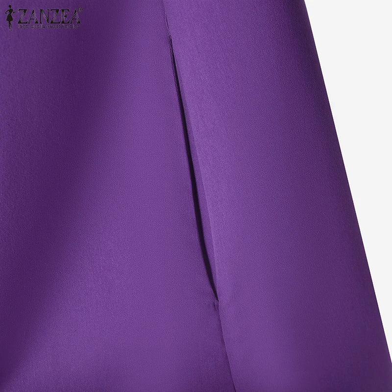 ZANZEA Office Casual Collared Shirtdress Women Autumn Fashion 3/4 Sleeve Button Up Midi Dresses Commuting Solid Color Robe Femme