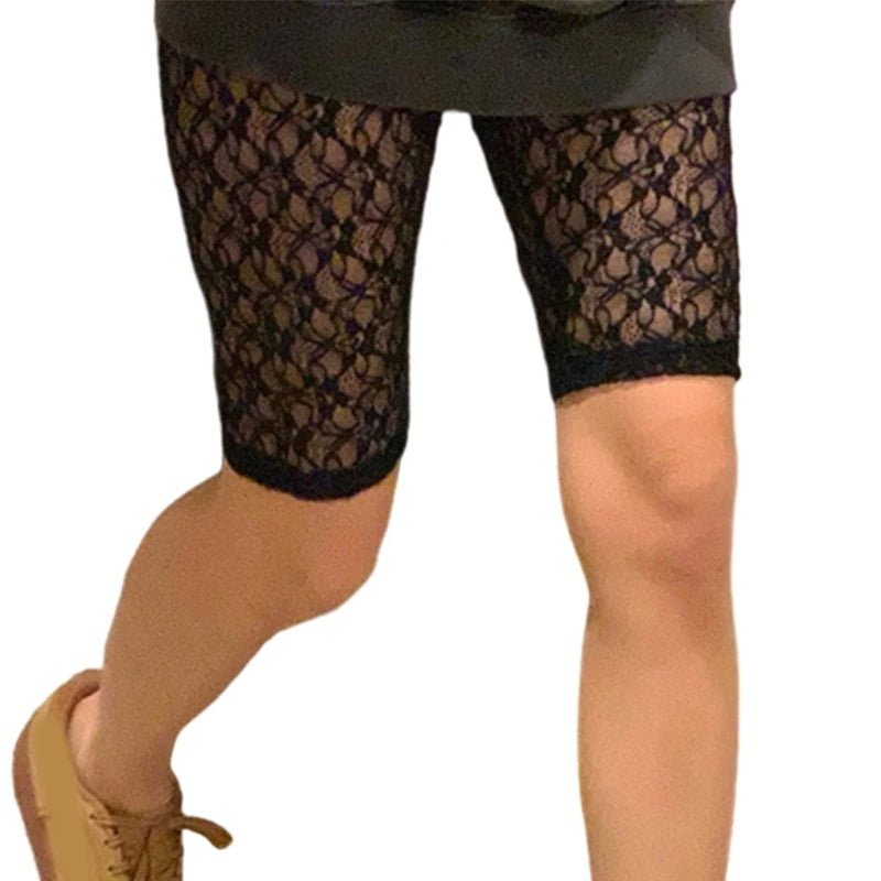 Womens Sexy Elstic Highs Waist Sheer Mesh Biker Shorts Workout Gym See Through Flower Lace Bodycon Short Leggings Tights