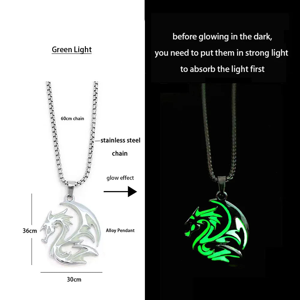 Hiphop Rock Stainless Steel Chain Luminous Alloy Dragon Pendant Glowing Necklace Night Dance Disc Glow In The Dark Necklace