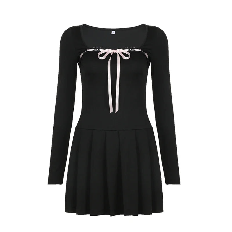 Black Lace Up Square Collar Dresses Fashion Women Balletcore Aesthetic Bodycon Long Sleeve Mini Dress Korean Style
