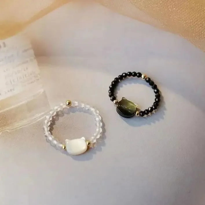 2pcs Natural Moonstone Obsidian Rings Beads Minimalist Ring Cute Black White Cat Ring Women Men Party Accessories Jewelry