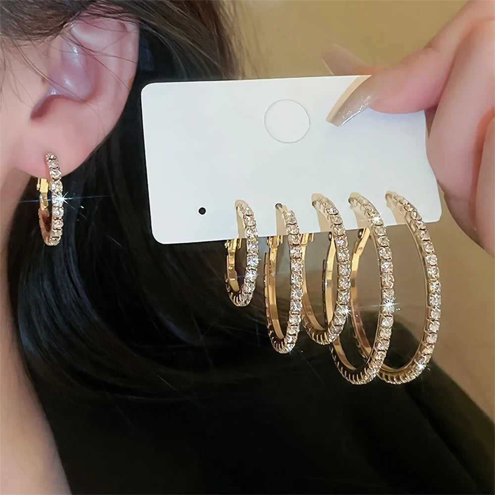 1-3 Pairs Set Sparkling Exaggerated Full Paved Rhinestones Round Circle Hoop Earrings for Women Simple Shiny Earring Jewelry