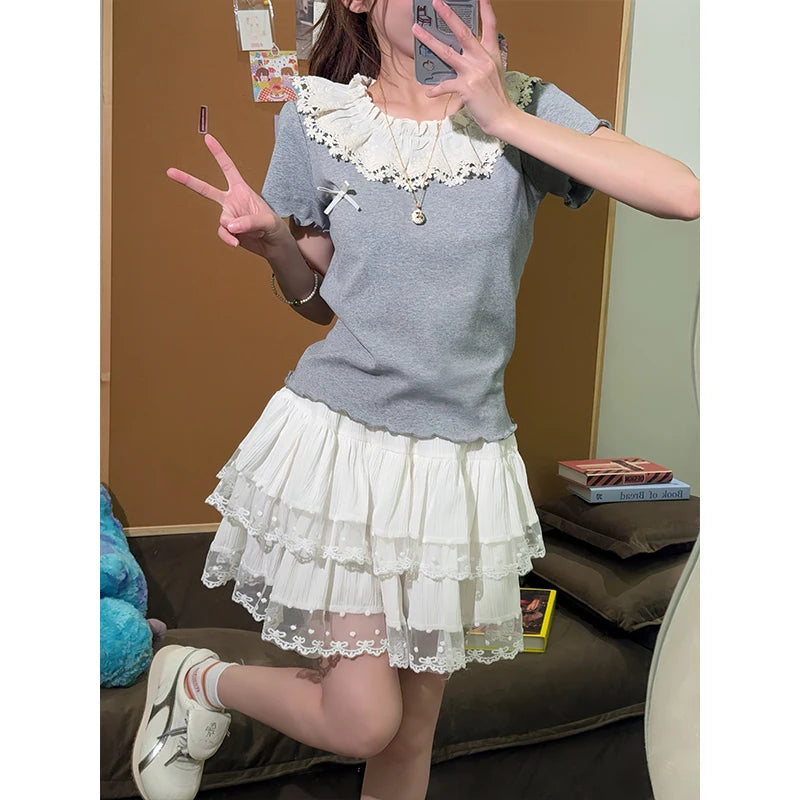 White Lace Splice A-Line Skirt Flota Sweet Anti-Aging Girl Sle Cake Skirt Slimming High Waist Polyester Fibre