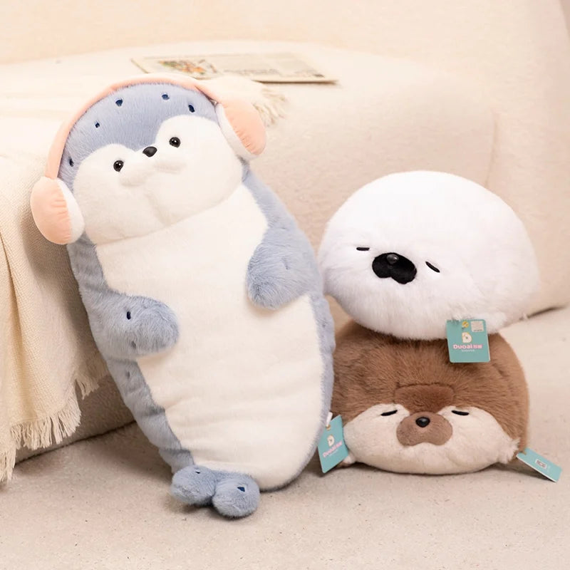 High Quality Genuine Kawaii Cartoon Sea Creature Otter Plush Doll Pillow Headset Blue Seal Otter Stuffed Animal Birthday Gift