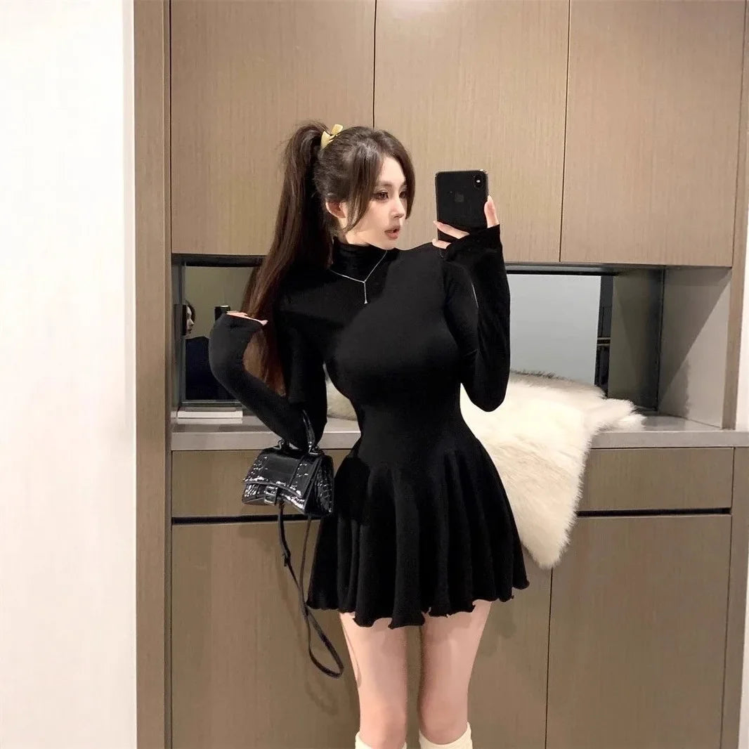 Slimming High Collar Long Sleeve Women's Dress Empire Waist Mini Skirt Base Layer Skirt Puffy Dress Fashionable Autumn New Arriv