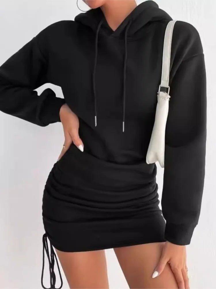 Woman's Sexy Basic Solid Color Dress Autumn Fashion Grey Long Sleeves Hooded Tie Dresses Ladies Slim Package Hip Mini Dress