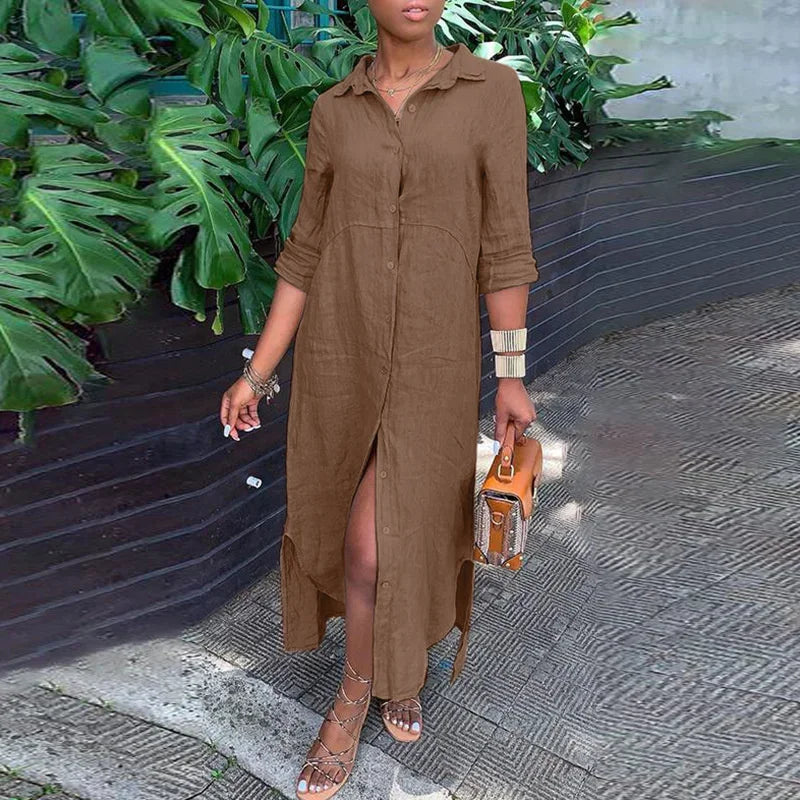 Women Comfortable Casual Cotton Linen Dresses Lapel Single-breasted Cardigan Dress Spring Autumn Long Sleeve Daily Commuter Gown