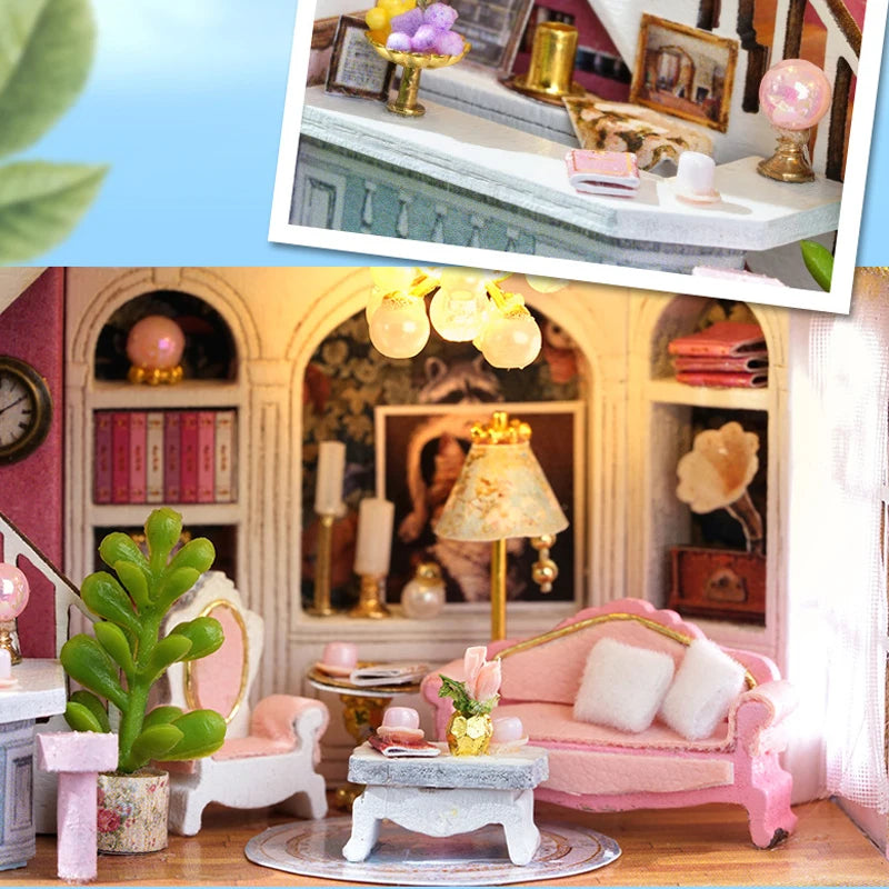 Diy Mini Wooden Dollhouse With Furniture Light Doll House Casa Assembly Model Pink Princess Villa Architecture Kit Toys Birthday