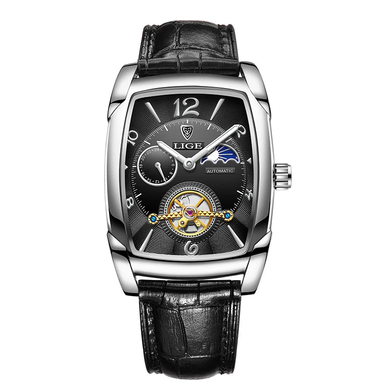 LIGE Fashion Mens Watches Top Brand Luxury Leather Military Waterproof Mechanical Wristwatch Casual Sports Tourbillon Watch Men