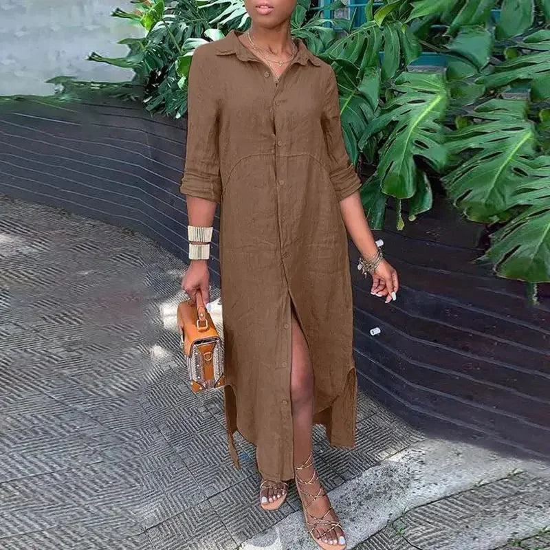 Women Comfortable Casual Cotton Linen Dresses Lapel Single-breasted Cardigan Dress Spring Autumn Long Sleeve Daily Commuter Gown