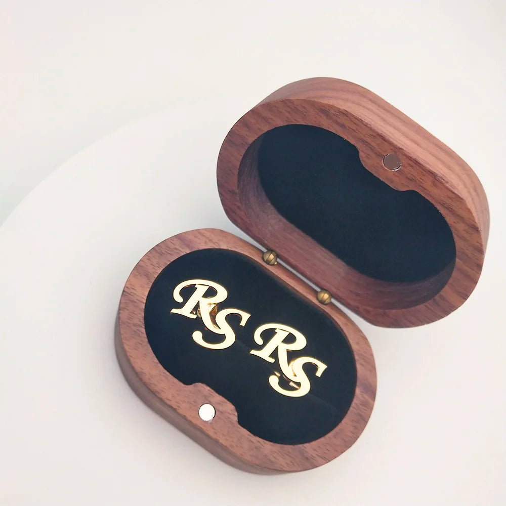 Tangula Custom Men's Stainless Steel Cufflinks For Groom Initials Cufflinks With Oak Gift Box Wedding Bridegroom Jewelry Gift