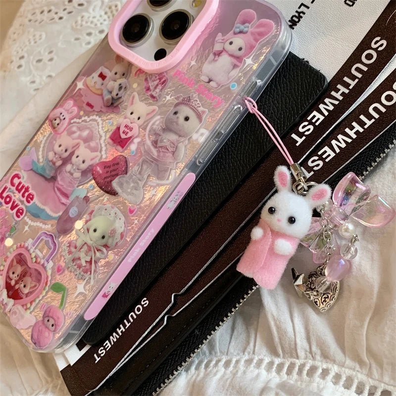Luxury Laser Rainbow Cute Pink Heart Love Cat Cartoon Phone Case For iPhone 12 13 14 15 16 Pro Max Y2k 3D Furry Cat Doll Lanyard