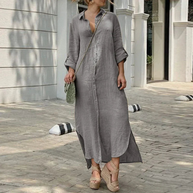 Women Comfortable Casual Cotton Linen Dresses Lapel Single-breasted Cardigan Dress Spring Autumn Long Sleeve Daily Commuter Gown