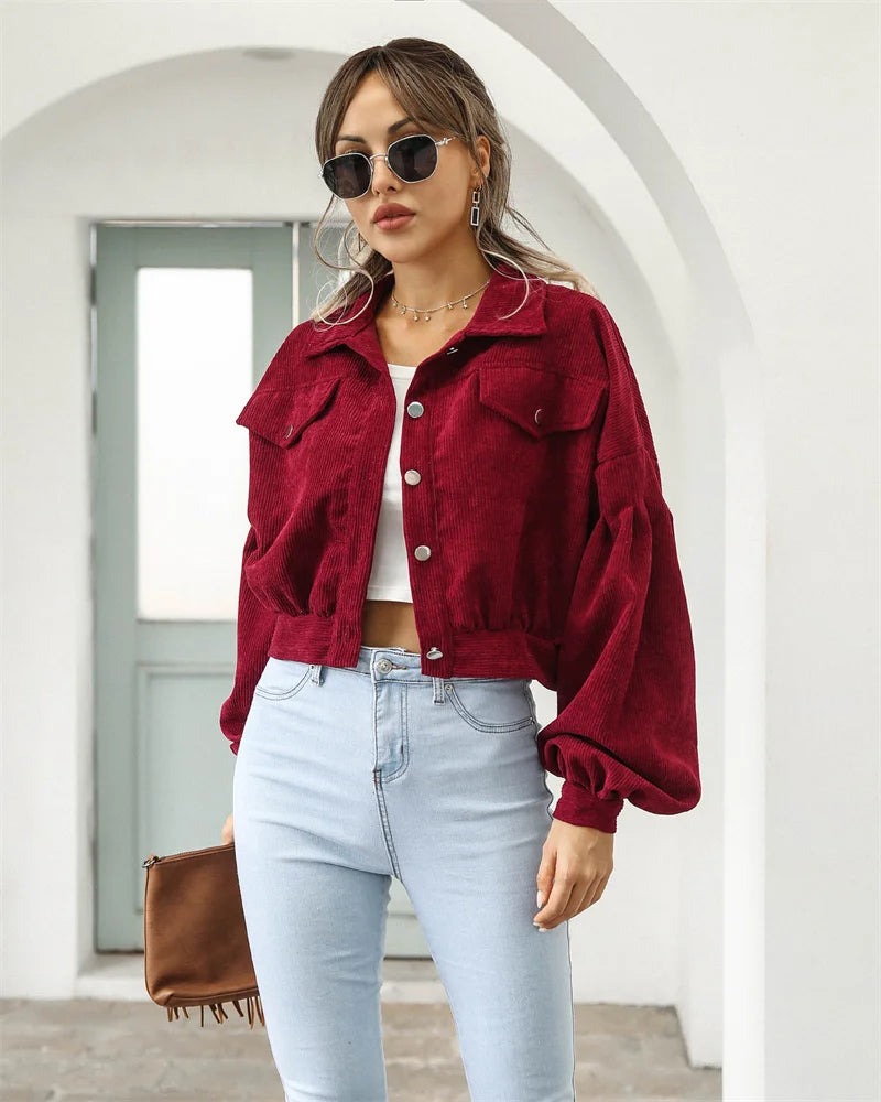 2023 Corduroy Short Jacket Women Loose Tops Spring Autumn Turndown Collar Lantern Sleeve Casual Coat Lady Streetwear Outerwear