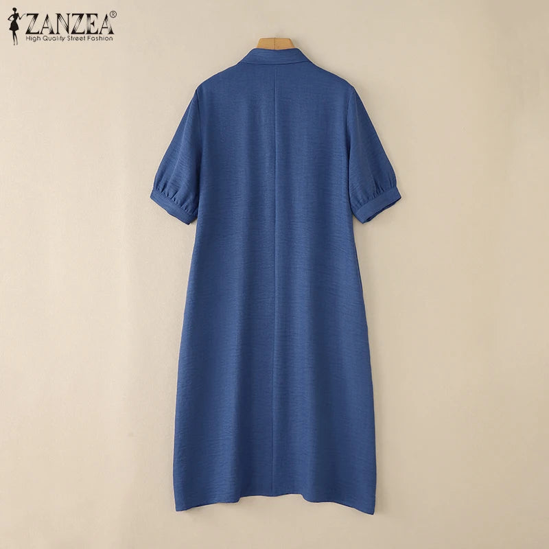 ZANZEA Women Fashion Shirt Dress 2025 Summer Sundress Lapel Neck Short Sleeve OL Work Dresses Casual Buttons Midi Vestidos Robe