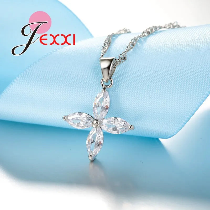 クラシックなヴィンテージクロスデザイン925スターリングシルバーペンダントネックレスイヤリングウェディングブライダルジュエリーセットレディース用