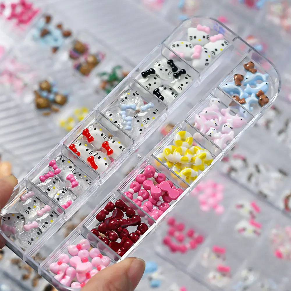 12Grids Summer Black Skin Hello Kitty Nail Charms 3D Pink Bows Hello Kitty Nail Art Rhinestone Cute Cartoon DIY Nail Accessories