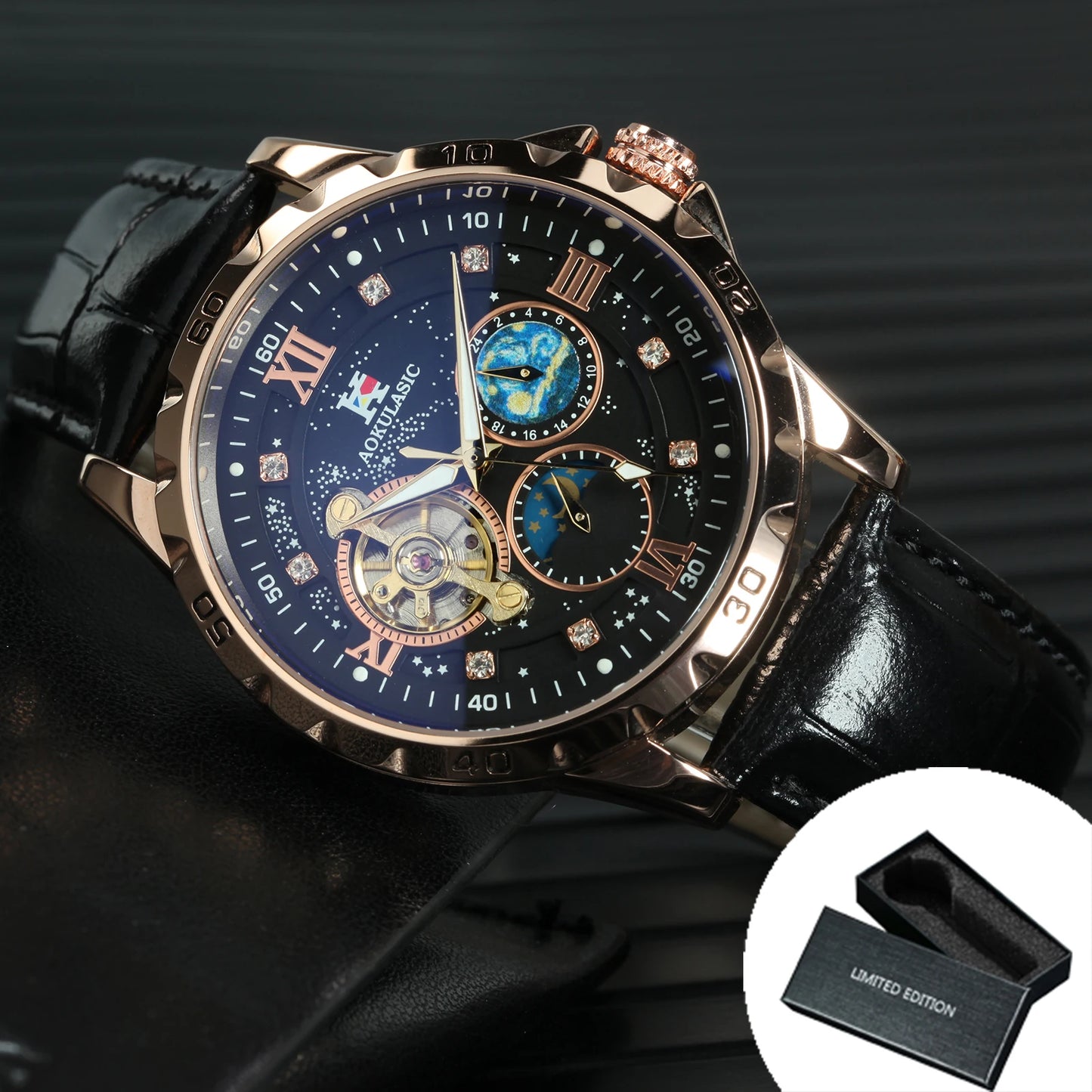Tourbillon Skeleton Mechanical Watches Starry Sky Moon Phase Diamond Luminous Dial Steel Strap Luxury Brand Automatic Mens Watch