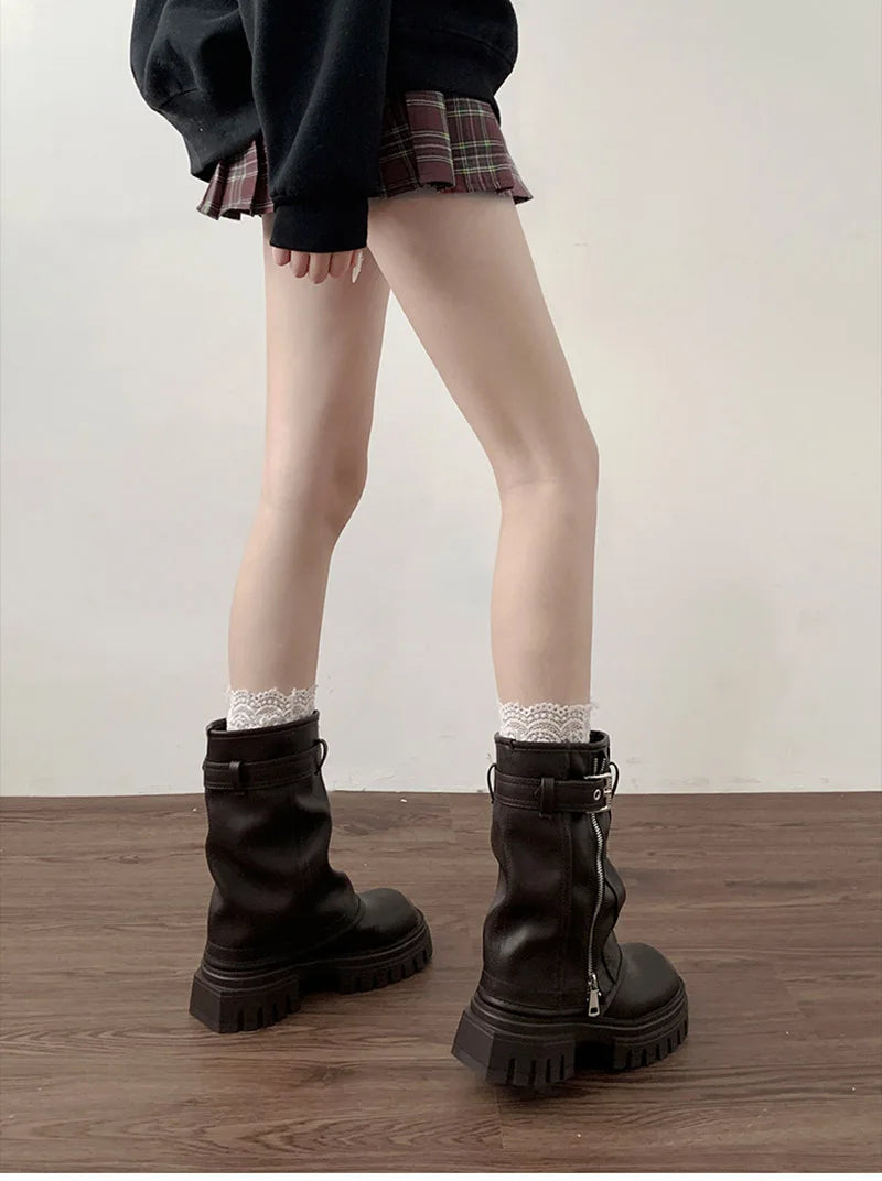 Winter Women Biker Boots Fashion Belt Buckle Ladies Elegant Platform Flats Short Booties Casual Women's Knight Booties