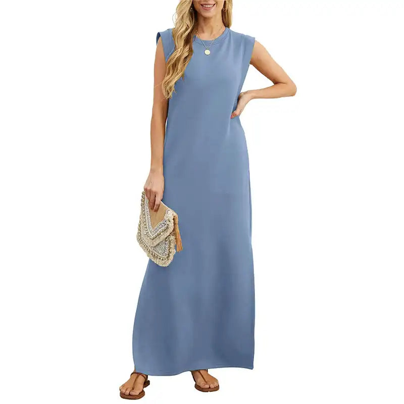 Women's Summer Casual Loose Sundress Long Dress Sleeveless Round Neck Split Tshirt Maxi Dresses Wrinkle-Free with Pocket